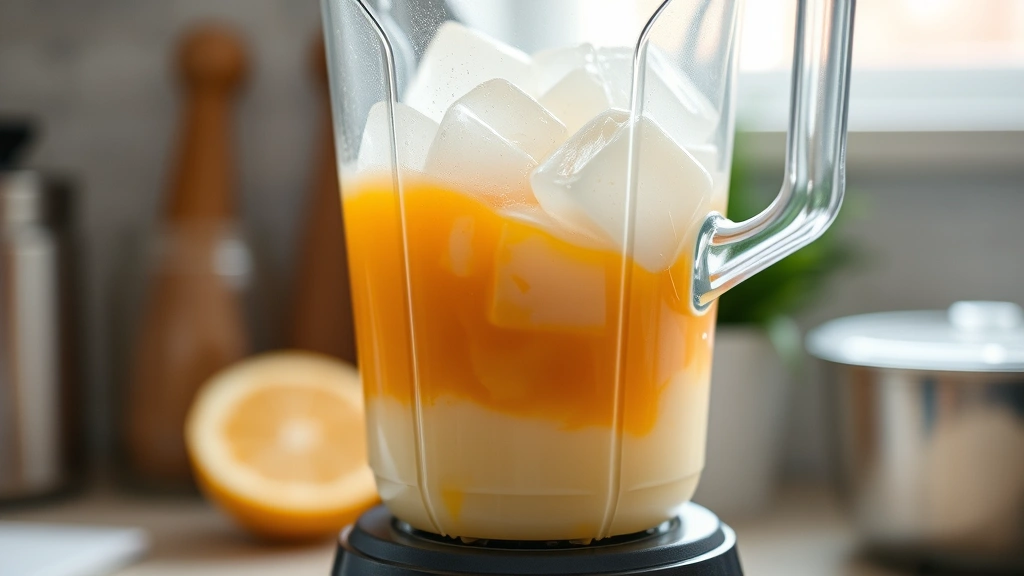 process: blender filled with orange juice and condensed milk being blended with ice, action shot of blending, natural kitchen light, smooth texture visible