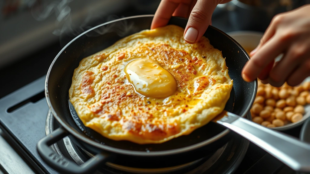 process: hands flipping golden pancake in skillet with ghee, spiced potato mixture visible in background pan, steam rising, photorealistic, natural light, no text