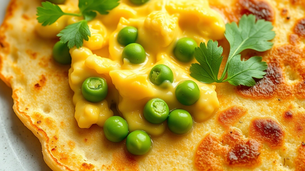 detail: close-up of crispy edge of pancake with creamy scrambled eggs and vibrant green peas, fresh cilantro leaf, photorealistic, natural light, no text