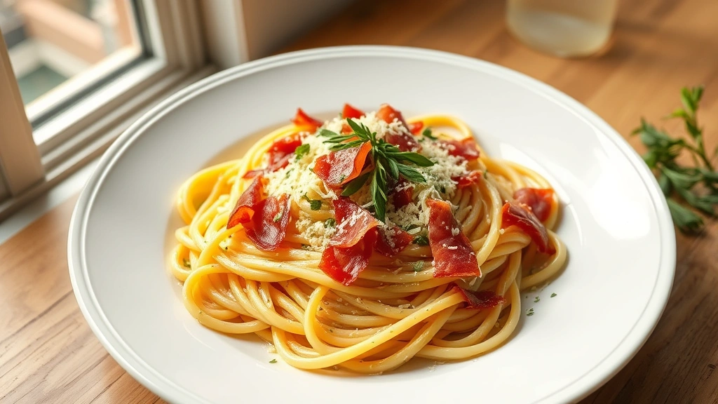 hero: creamy tuscan pasta carbonara with crispy prosciutto garnished with fresh herbs and cheese on elegant white plate, photorealistic, natural window light, no text, professional food photography