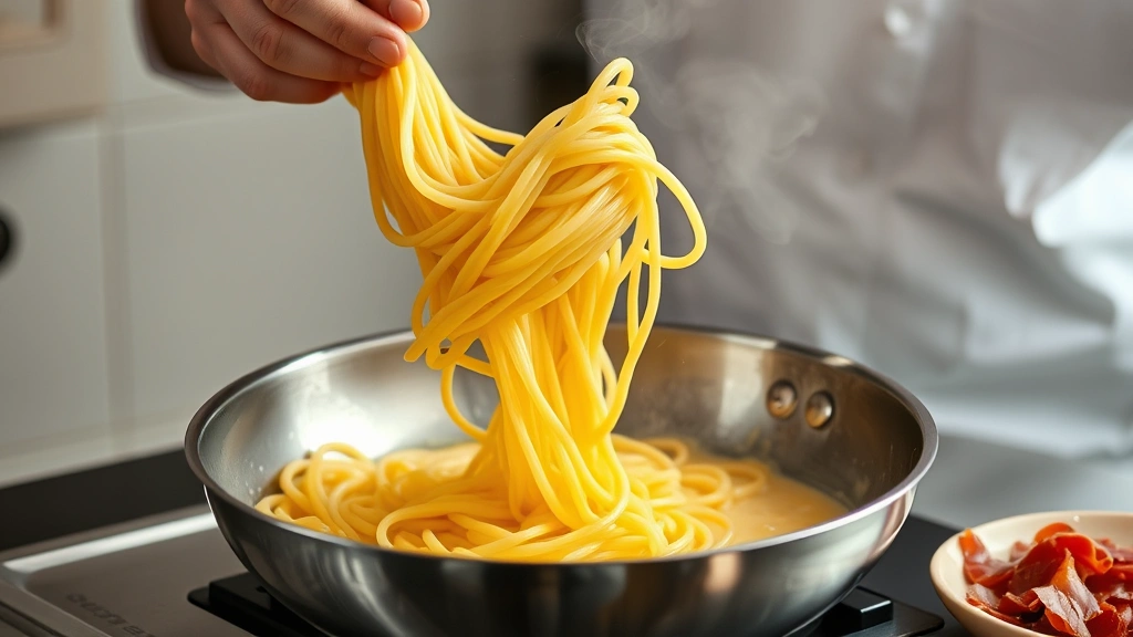 process: chef tossing hot pasta with egg mixture in stainless steel skillet, steam rising, prosciutto visible, photorealistic, natural kitchen light, no text