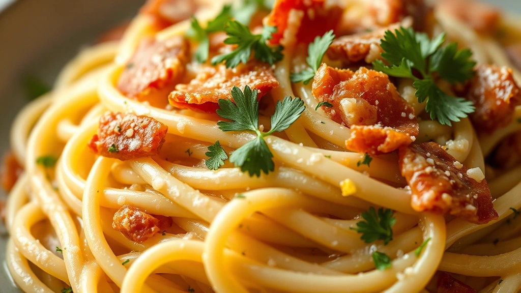 detail: close-up of creamy pasta sauce coating fettuccine strands with crispy prosciutto pieces and fresh parsley garnish, lemon zest visible, photorealistic, warm natural light, no text