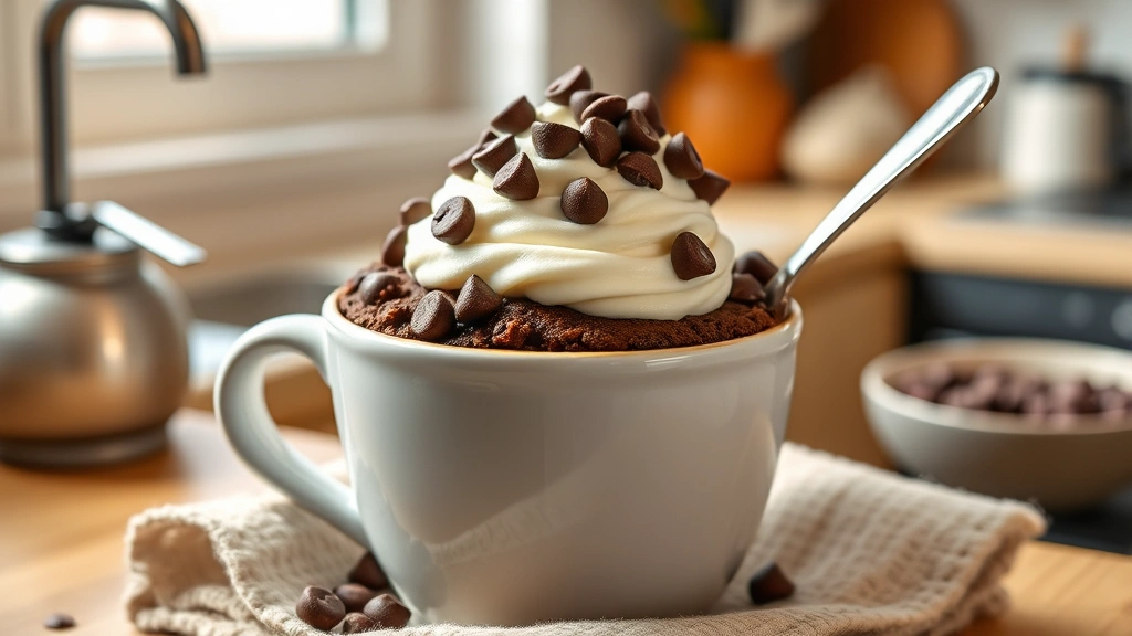 hero: warm chocolate mug cake topped with whipped cream and chocolate chips, served in a ceramic mug with a spoon, photorealistic, natural window light, no text, cozy kitchen setting