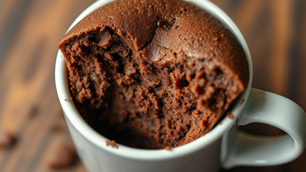 detail: close-up cross-section of fluffy chocolate mug cake showing tender crumb structure, photorealistic, warm overhead lighting, no text