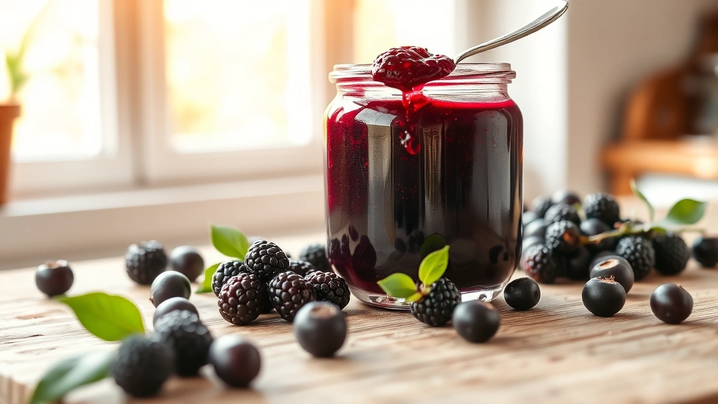hero: beautiful deep purple mulberry jam in an elegant glass jar with a spoon, fresh mulberries scattered around, morning sunlight streaming through a kitchen window, rustic wooden table surface, photorealistic, natural light, no text, cottagecore aesthetic