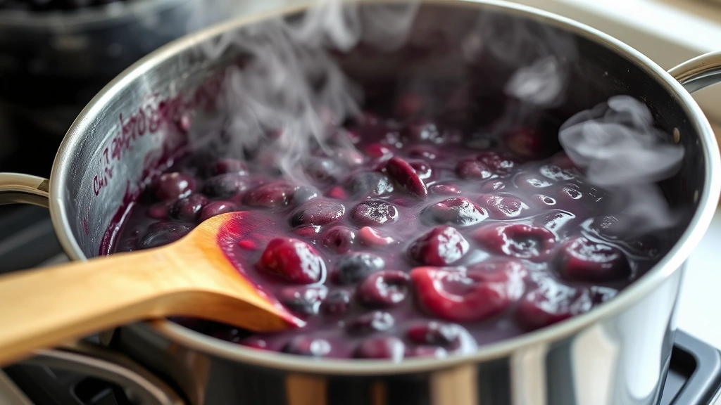 process: mulberries being crushed in a large pot with a wooden spoon, steam rising, vibrant purple fruit juices visible, jam mixture at rolling boil showing texture change, photorealistic, natural light, no text, kitchen setting