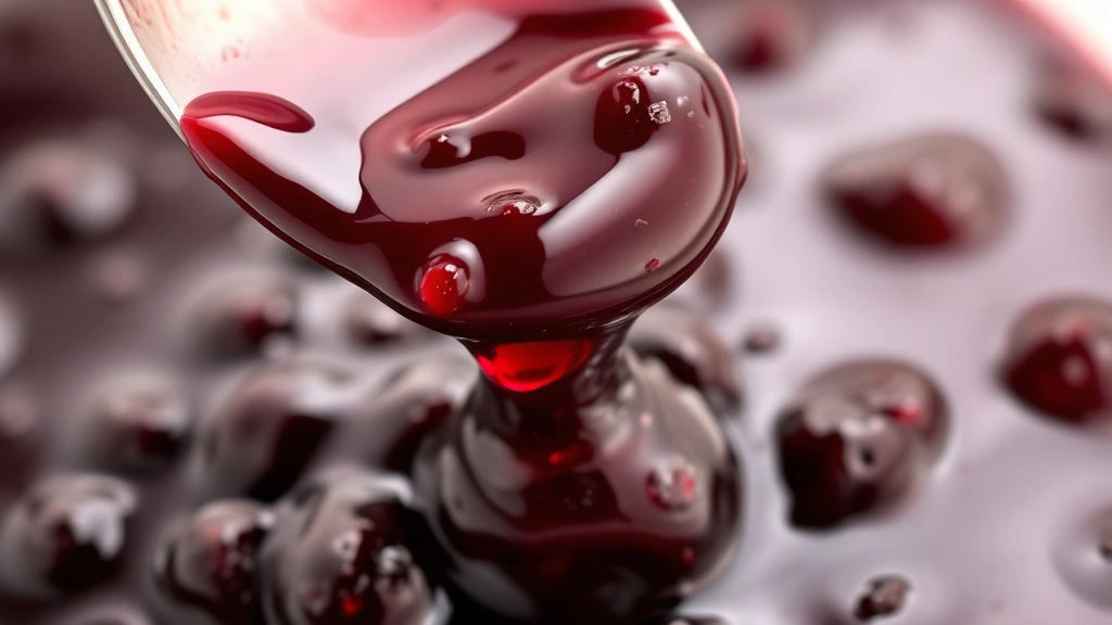 detail: close-up of glossy mulberry jam texture with visible berry pieces, jam dripping from spoon showing perfect consistency, deep rich purple color, photorealistic, natural light, no text, macro style
