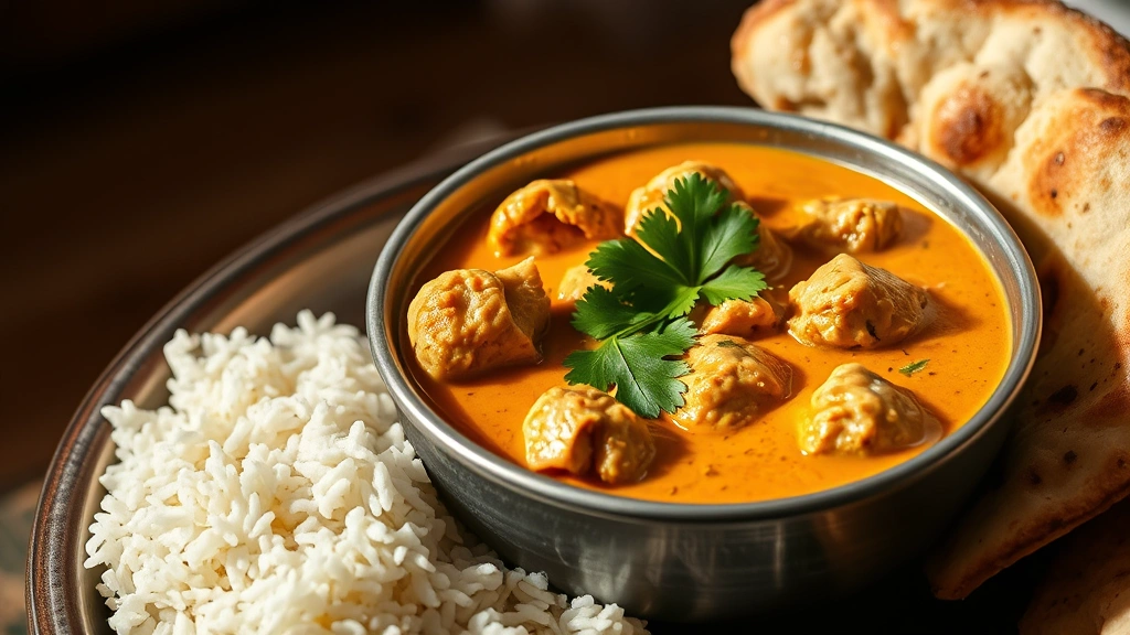 hero: steaming bowl of murgh curry with creamy golden sauce, tender chicken pieces, fresh cilantro garnish, served with basmati rice and naan bread, photorealistic, warm natural lighting from side window, no text