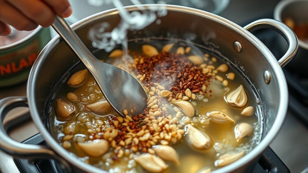 process: chef stirring aromatic spices blooming in oil in large pot, golden onions and garlic visible, steam rising, photorealistic, bright kitchen lighting, no text