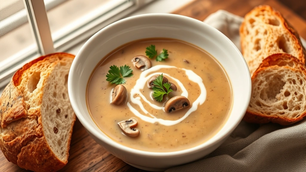 hero: creamy mushroom soup in white bowl, garnished with fresh parsley and crème fraîche swirl, crusty bread beside it, warm natural window light, overhead shot, no text