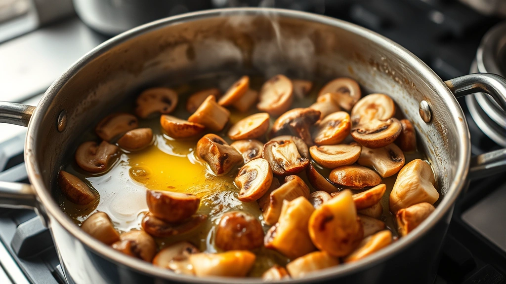 process: mushrooms being sautéed in butter in large pot, golden brown mushroom slices, steam rising, professional kitchen lighting, action shot, no text