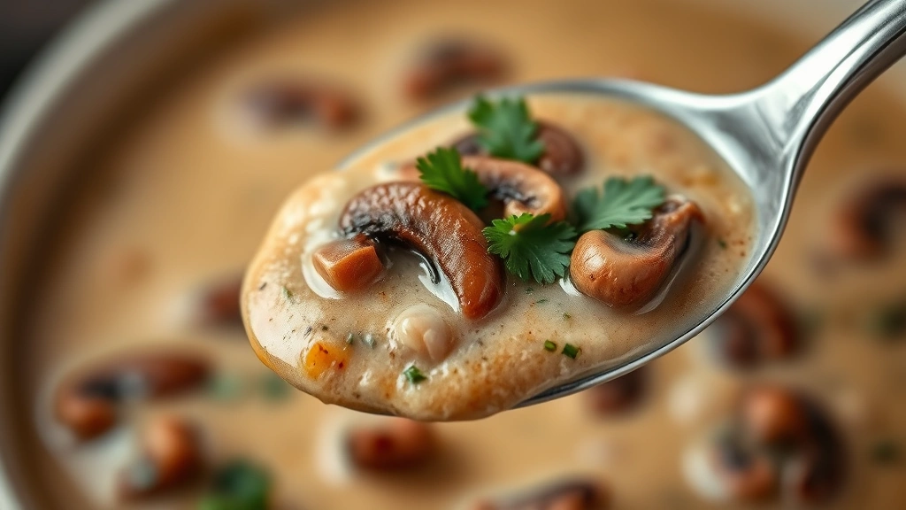 detail: close-up spoonful of creamy mushroom soup with mushroom pieces visible, parsley garnish, soft warm lighting against blurred background, no text