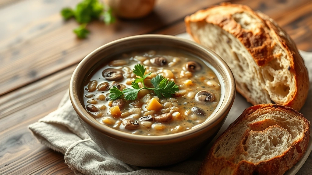 hero: steaming bowl of mushroom barley soup with barley visible, fresh parsley garnish, crusty bread beside it, warm golden lighting from above, ceramic bowl, rustic wooden table, photorealistic, natural light, no text