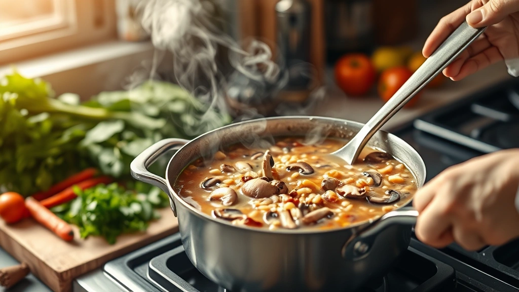 process: chef stirring pot of mushroom barley soup on stovetop, mushrooms browning in pan, fresh vegetables in the background, steam rising, warm kitchen lighting, photorealistic, natural light, no text