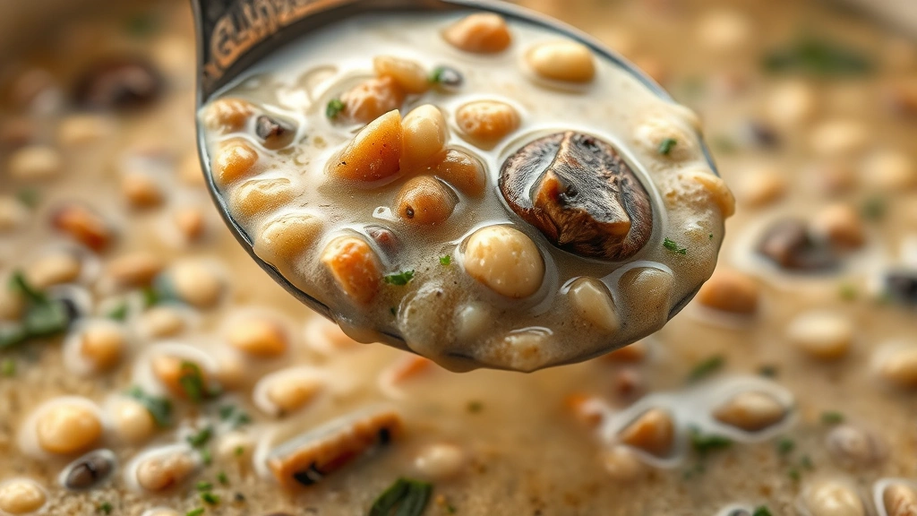 detail: close-up macro shot of creamy mushroom barley soup showing individual barley grains, mushroom pieces, and herbs, shallow depth of field, spoon lifting soup, warm lighting, photorealistic, natural light, no text