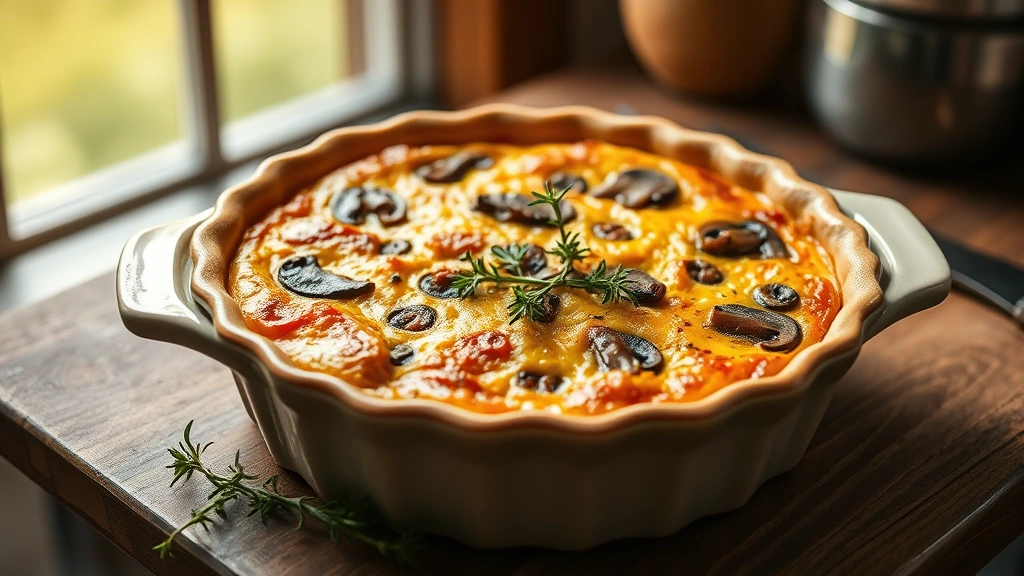 hero: golden-brown mushroom quiche in ceramic quiche dish, fresh thyme garnish, warm natural window light, shallow depth of field, rustic wooden table background