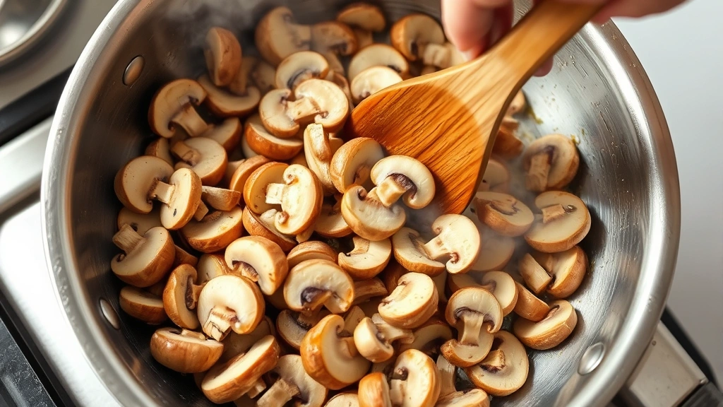 process: sliced mushrooms sautéing in stainless steel skillet with steam rising, golden-brown color, chef's hand with wooden spoon, natural kitchen lighting, close-up angle