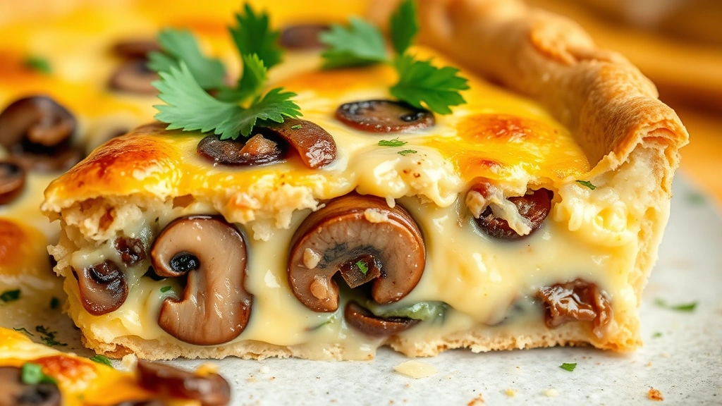 detail: cross-section slice of quiche showing creamy custard interior, sautéed mushrooms, melted cheese, and buttery crust, garnished with fresh parsley, macro photography, natural daylight