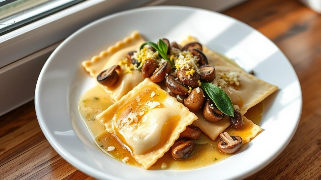 hero: plated mushroom ravioli with brown butter sage sauce, garnished with Parmesan and lemon zest, photorealistic, natural window light, on white ceramic plate, no text