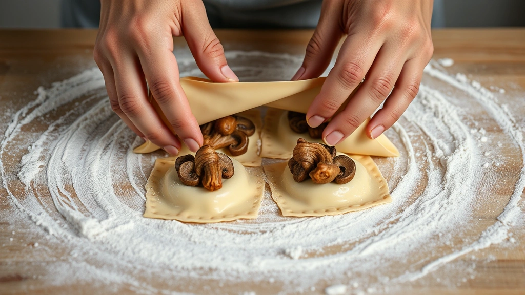 process: hands folding and sealing mushroom ravioli on floured surface, photorealistic, natural light, close-up action shot, no text