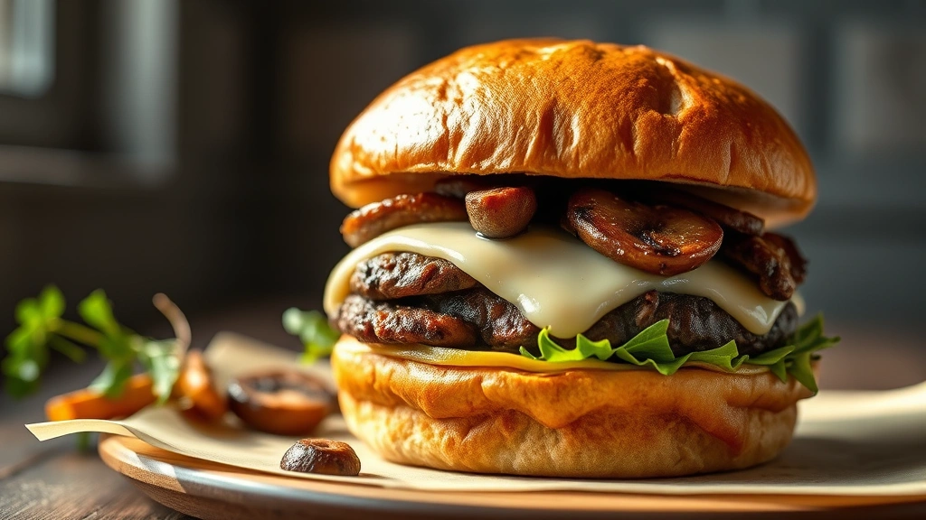 hero: perfectly assembled mushroom swiss burger with melted cheese and caramelized mushrooms visible, served on brioche bun, photorealistic, natural daylight streaming from left, no text, appetizing presentation