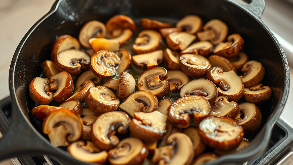 process: sliced mushrooms cooking in butter in cast iron skillet, golden brown and caramelizing, photorealistic, warm kitchen lighting, no text