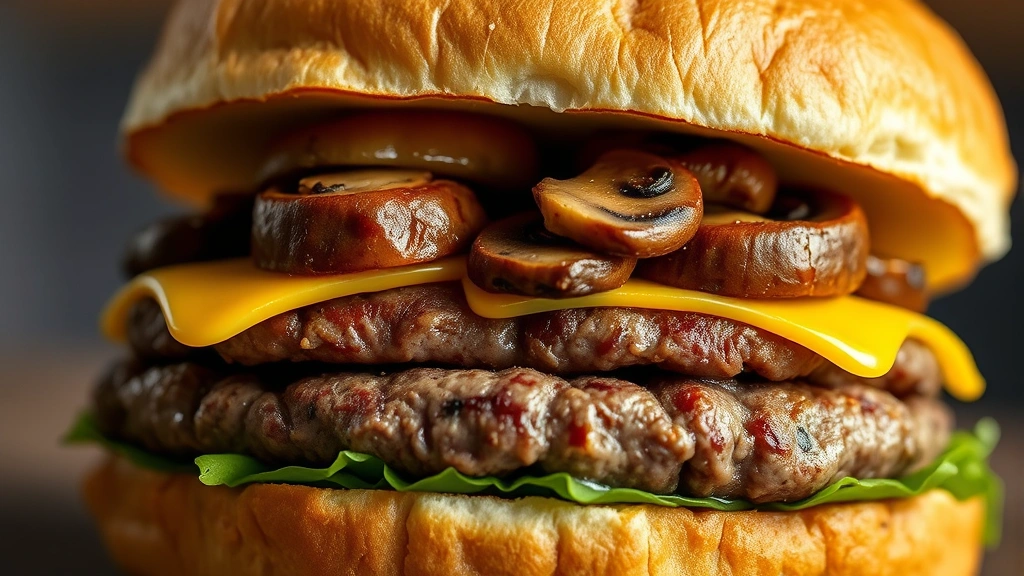 detail: close-up of burger cross-section showing layers of beef patty, melted swiss cheese, caramelized mushrooms, and brioche bun, photorealistic, natural light, no text
