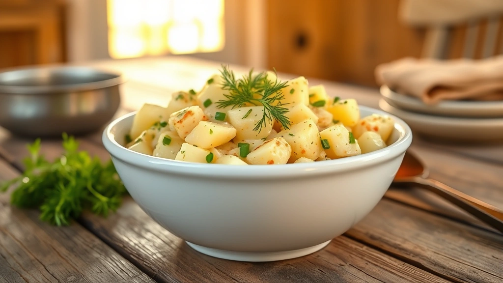 hero: creamy mustard potato salad in white ceramic bowl, garnished with fresh dill and scallions, golden afternoon sunlight streaming across wooden table, rustic farmhouse setting, photorealistic, no text