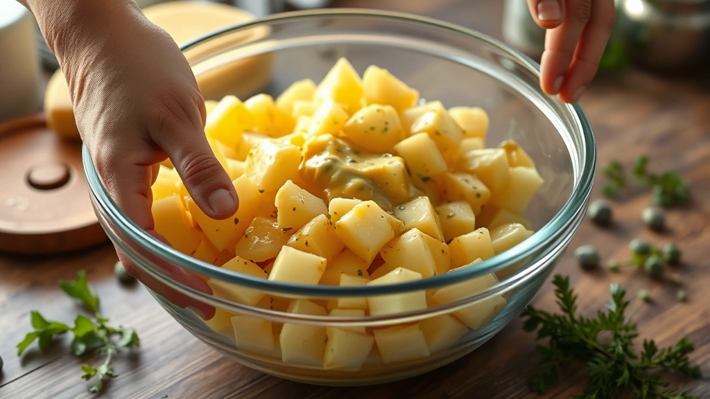 process: hands gently tossing warm diced potatoes with mustard dressing in large glass mixing bowl, fresh herbs scattered nearby, warm kitchen lighting, close action shot, photorealistic, no text