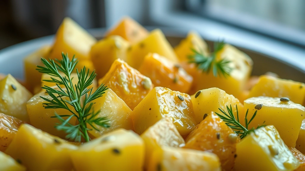 detail: close-up macro of perfectly cooked potato cubes coated in creamy mustard dressing with visible mustard seeds and fresh dill, shallow depth of field, natural window light, photorealistic, no text