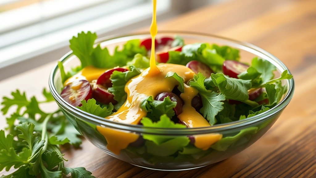 hero: glass bowl of creamy mustard vinaigrette drizzled over fresh mixed green salad, photorealistic, natural window light, no text, wooden table surface