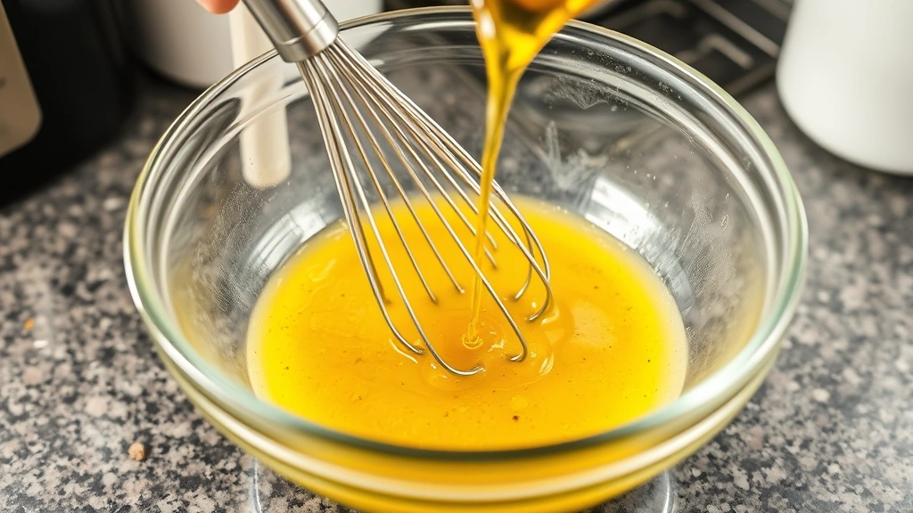 process: whisking mustard vinaigrette in glass bowl showing emulsification, olive oil being slowly added, photorealistic, natural light, kitchen counter setting, no text