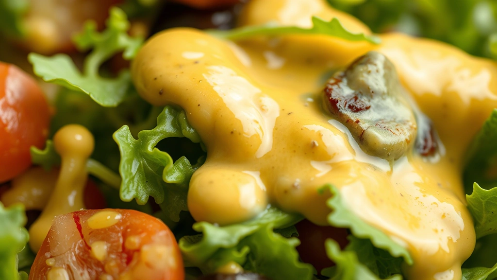 detail: close-up of creamy mustard vinaigrette texture coating fresh salad greens, photorealistic, macro photography, natural light, no text