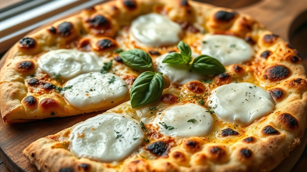 hero: golden-brown naan pizza with melted mozzarella cheese, fresh basil garnish, charred edges, served on rustic wooden board, photorealistic, natural window light, no text, appetizing close-up