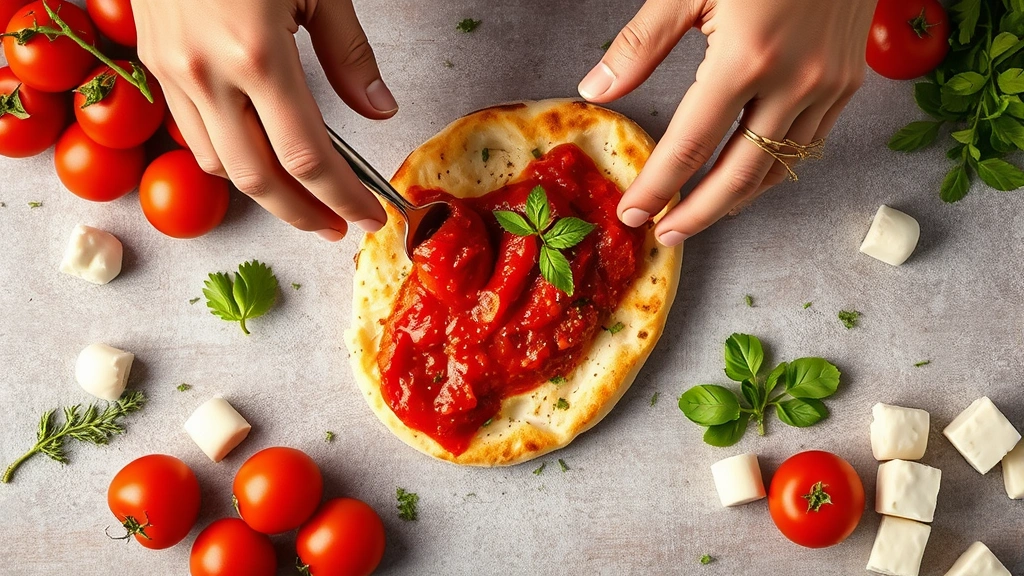 process: hands spreading tomato sauce on naan bread, scattered fresh ingredients around including mozzarella cheese and herbs, overhead shot, photorealistic, bright kitchen lighting, no text