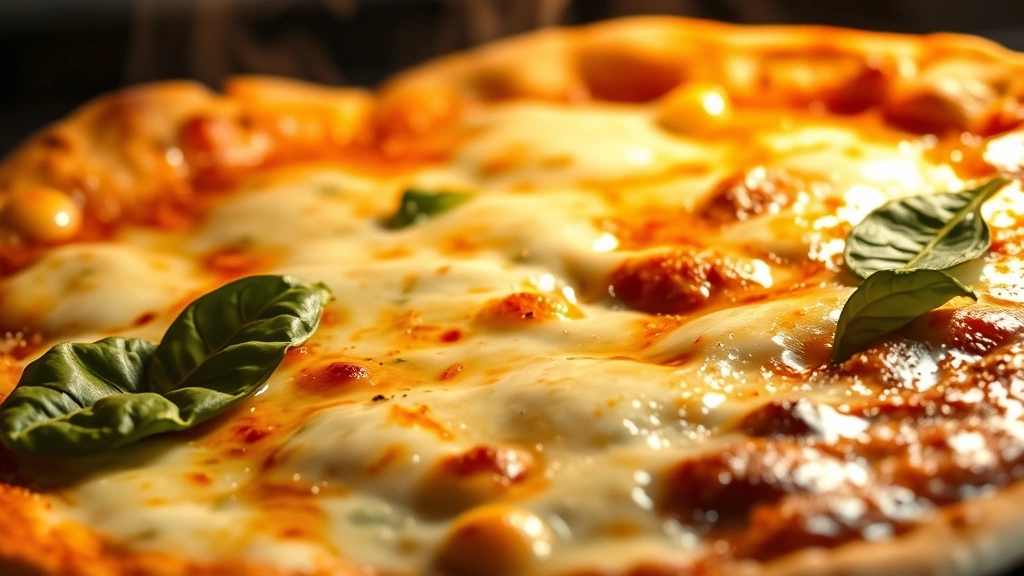 detail: close-up of bubbling melted cheese on naan pizza fresh from oven, fresh basil leaves, crispy golden crust visible, steam rising, photorealistic, warm natural light, no text