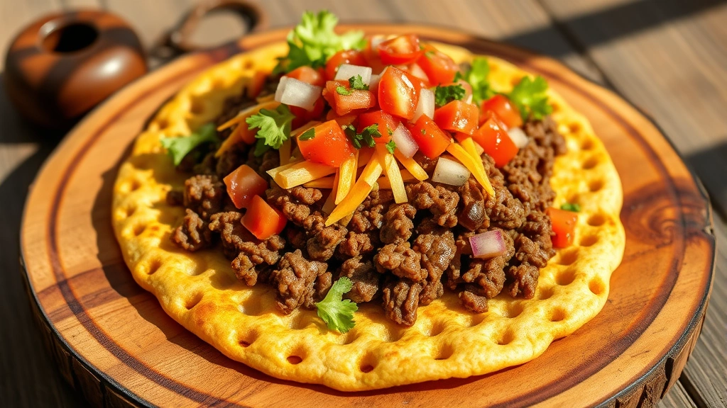 hero: Golden-brown Native American fry bread on a rustic wooden board, topped with seasoned ground beef, fresh lettuce, diced tomatoes, shredded cheese, and salsa, natural daylight streaming across, no text