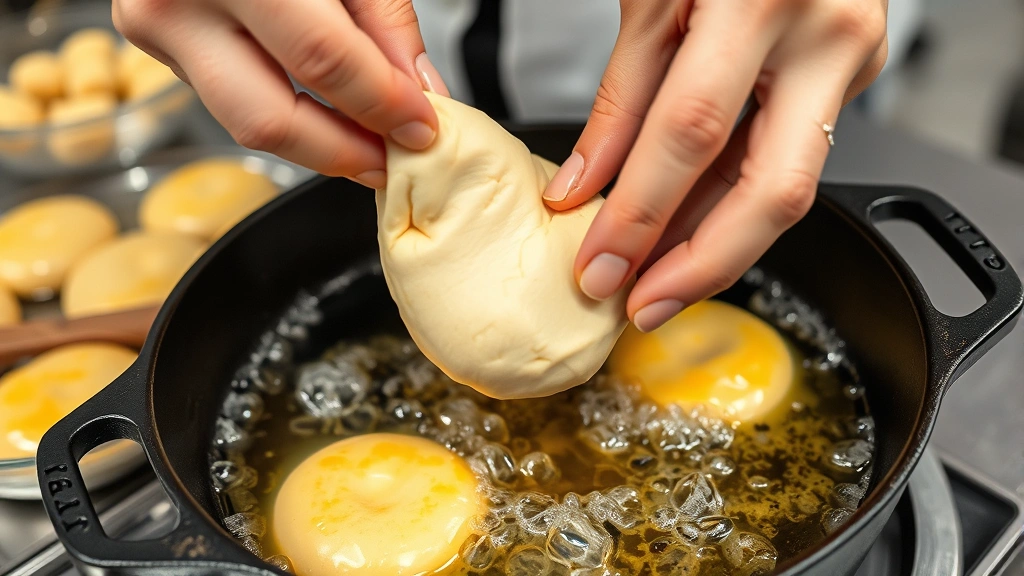 process: Hands carefully placing raw fry bread dough into bubbling hot oil in a cast iron skillet, golden fry bread already frying in background, professional kitchen lighting, no text