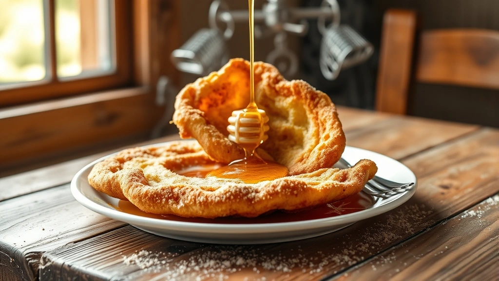 hero: golden-brown fry bread on white plate, steam rising, honey drizzled, cinnamon sugar dusting, natural window light, rustic wooden table background, photorealistic, no text