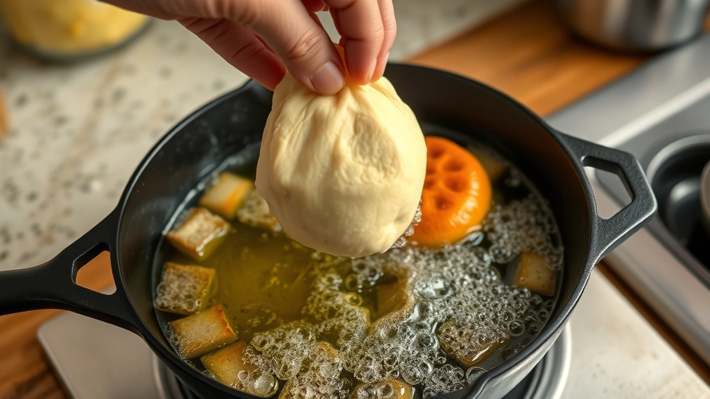 process: hand dropping dough into bubbling hot oil in cast iron skillet, golden bread floating, oil sizzling, kitchen counter background, natural overhead lighting, photorealistic, no text