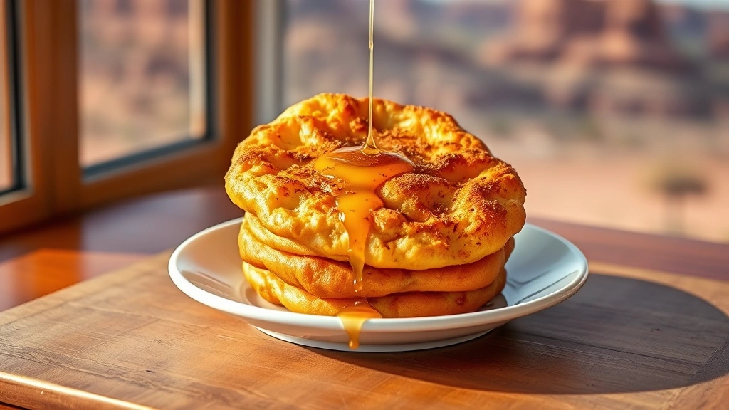 hero: golden-brown Navajo fry bread on white plate, warm steam rising, drizzled with honey and cinnamon, desert background, photorealistic, natural window light, no text