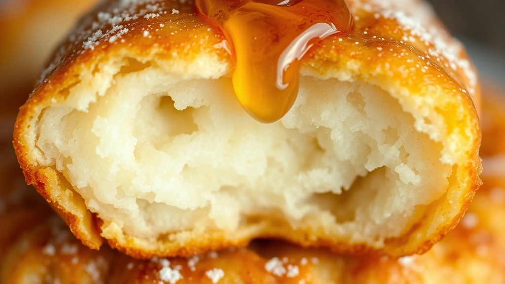 detail: close-up cross-section of fry bread showing pillowy interior texture, crispy golden exterior, honey dripping over top, photorealistic, natural light, no text