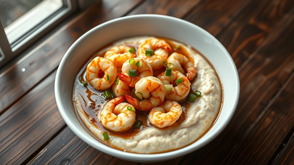 hero: New Orleans shrimp and grits in a white bowl, creamy grits topped with pink shrimp in rich brown sauce, garnished with green onions and parsley, steam rising, warm natural window light, close-up overhead shot, rustic wooden table, no text or logos