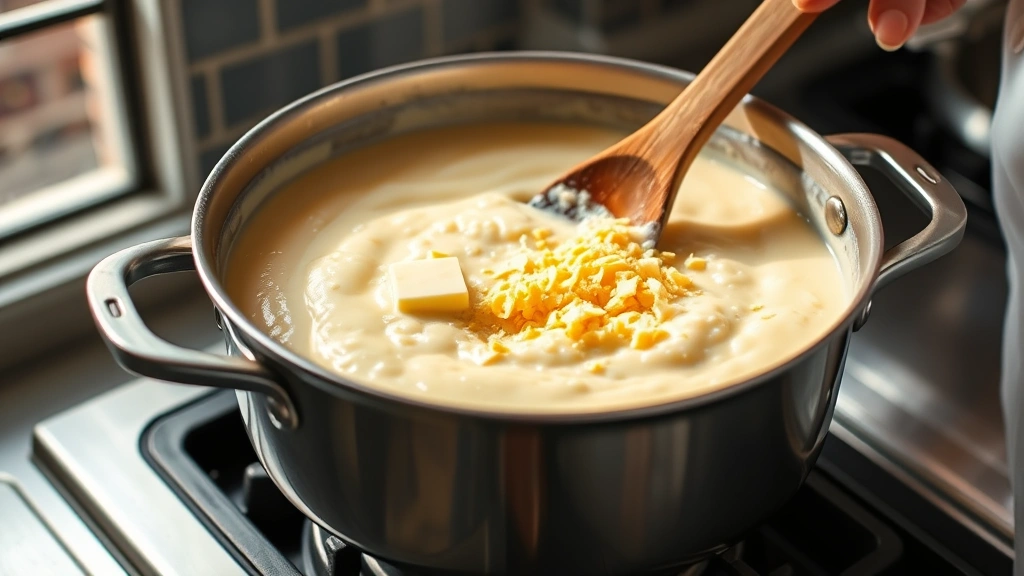 process: chef stirring creamy grits in a saucepan with butter and cheese, golden cornmeal mixture, wooden spoon, stovetop cooking, natural daylight from window, close-up side angle, no people visible, no text