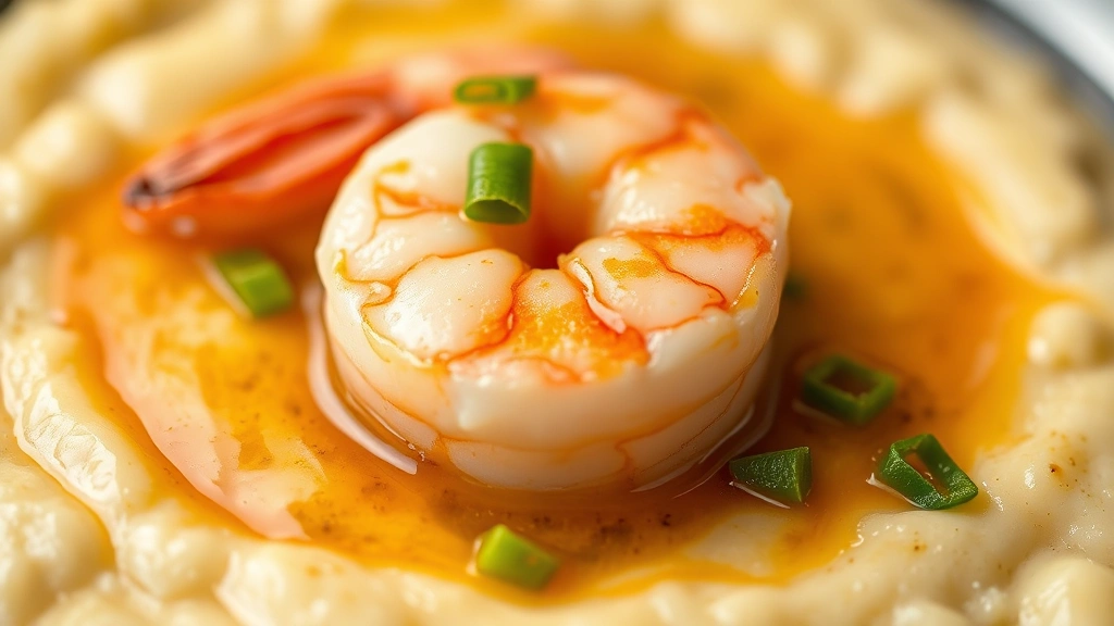 detail: close-up macro shot of a single plump pink shrimp on creamy grits, sauce coating the shrimp, green onion garnish visible, shallow depth of field, natural soft lighting, no text or utensils