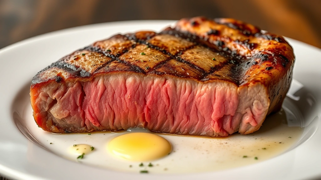 hero: perfectly cooked New York strip steak with pink center, golden-brown crust, resting on white plate with herbs and butter, photorealistic, warm natural light, no text, professional food photography