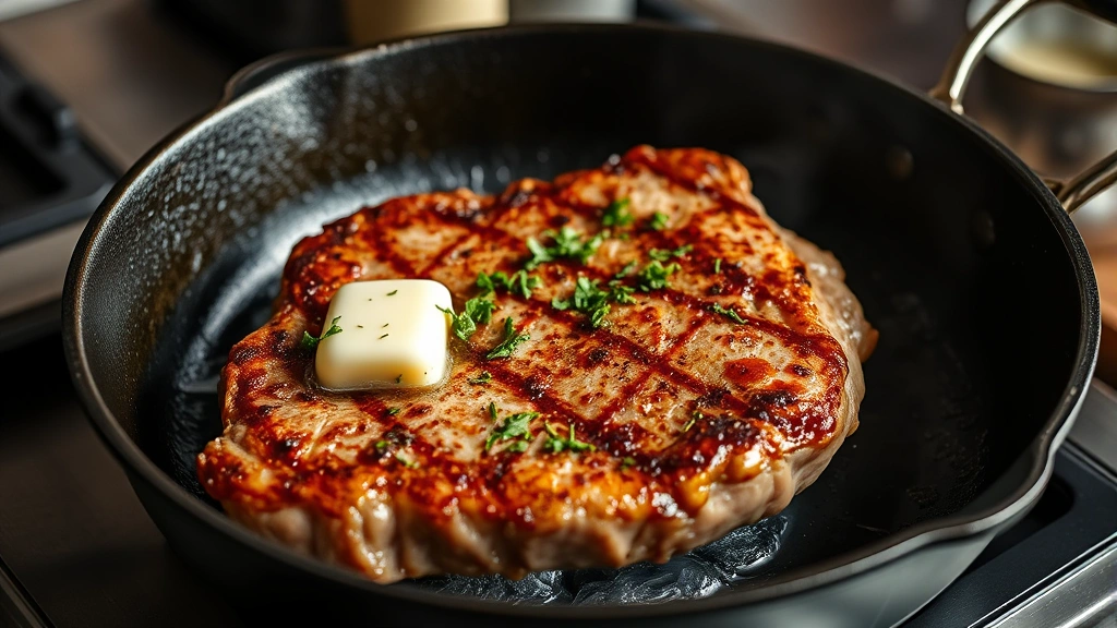 process: cast iron skillet with steak sizzling, butter and herbs basting, golden crust forming, photorealistic, warm kitchen lighting, no text, action shot
