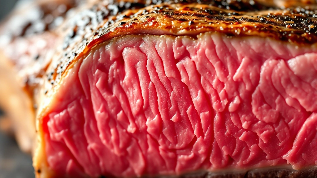 detail: close-up cross-section of sliced New York steak showing pink medium-rare center, beautiful marbling, golden crust, photorealistic, natural light, no text, macro photography