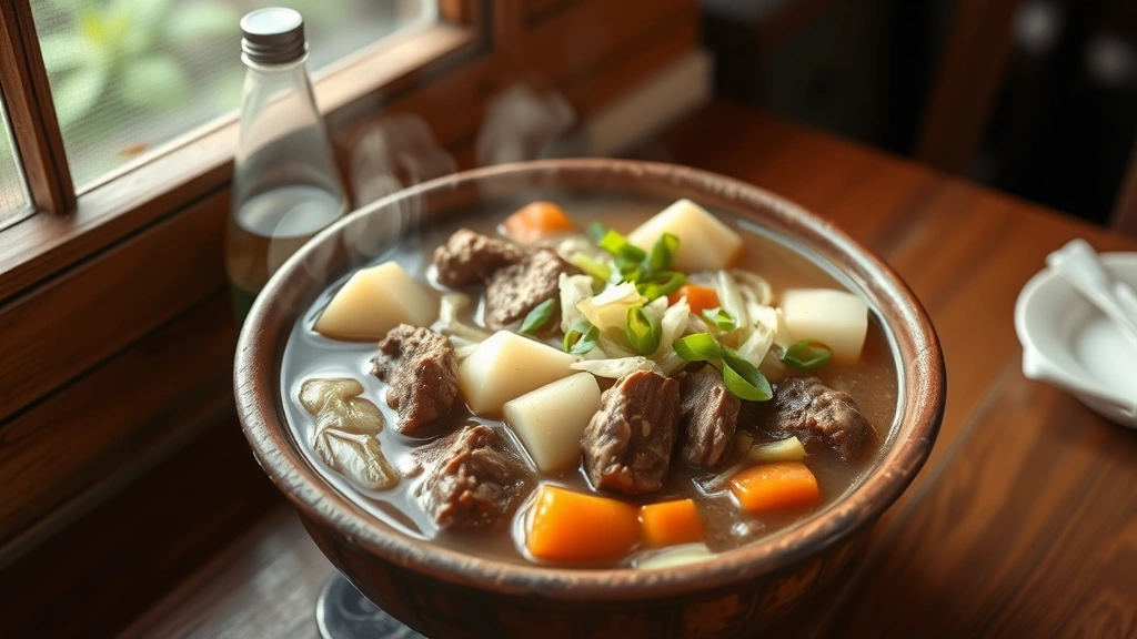 hero: steaming bowl of Filipino nilaga with beef chunks, potatoes, cabbage, and carrots in savory broth, rustic ceramic bowl, wooden table, natural window light, garnished with green onions, warm and inviting