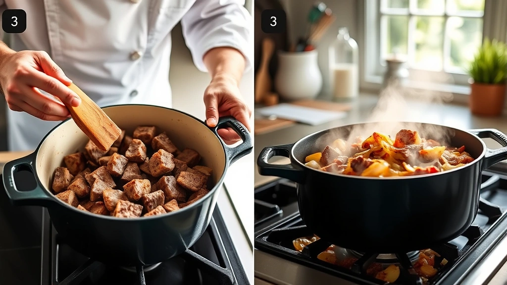process: chef browning beef cubes in Dutch oven, golden crust on meat, pot with caramelized beef and onions, stovetop cooking, steam rising, natural kitchen light from window
